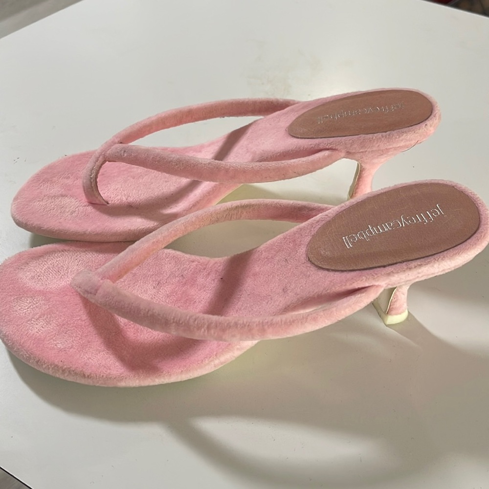 Jeffrey Campbell Brink Thong Mule Sandals pink terry cloth kitten heel